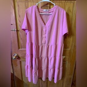 Pink Short-Sleeve Tiered V-Neck Dress